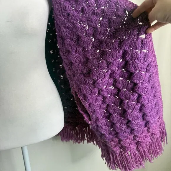 Handknit Crochet Purple Cape Poncho Wrap Sweater Chunky Fringe Granny Beige Boho - Picture 14 of 15